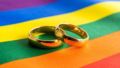 Gold wedding rings on rainbow pride fabric symbolizing love, equality, and LGBTQ+ commitment