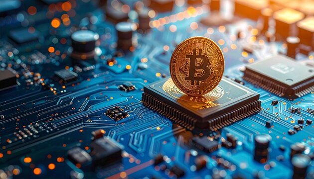 Golden Bitcoin coin on computer motherboard with glowing circuits symbolizing cryptocurrency and digital infrastructure