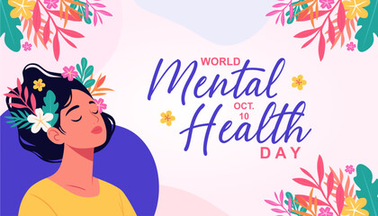 World Mental Health Day Vector Illustration on October 10 featuring Mental Health Awareness a Symbol with a beautiful woman closing her eyes and Flowers in a Flat Background
