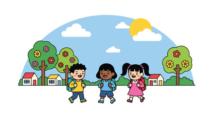 Adobe illustrator artwork vector illustration: Three happy elementary school girls and boy with backpacks walk to school through a bright, sunny neighborhood with colorful houses and flowering trees