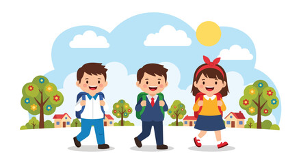 Adobe illustrator artwork vector illustration: Three happy elementary school girl and boys with backpacks walk to school through a bright, sunny neighborhood with colorful houses and flowering trees