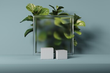 Modern abstract composition with frosted glass frame, green leaves and geometric cubes, 3D render