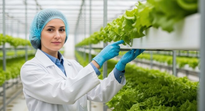 Caucasian female adult scientist researching hydroponic lettuce in greenhouse