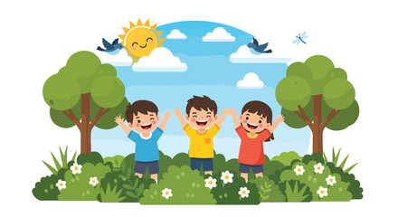 Obraz premium Adobe illustrator artwork vector illustration: Three joyful children with raised arms play happily outdoors in a vibrant park setting under a sunny sky with birds and a dragonfly 