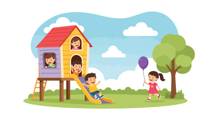 Adobe illustrator artwork vector illustration: Cheerful children play on a colorful playground slide and playhouse, with one girl holding balloons, under a bright, cloudy sky