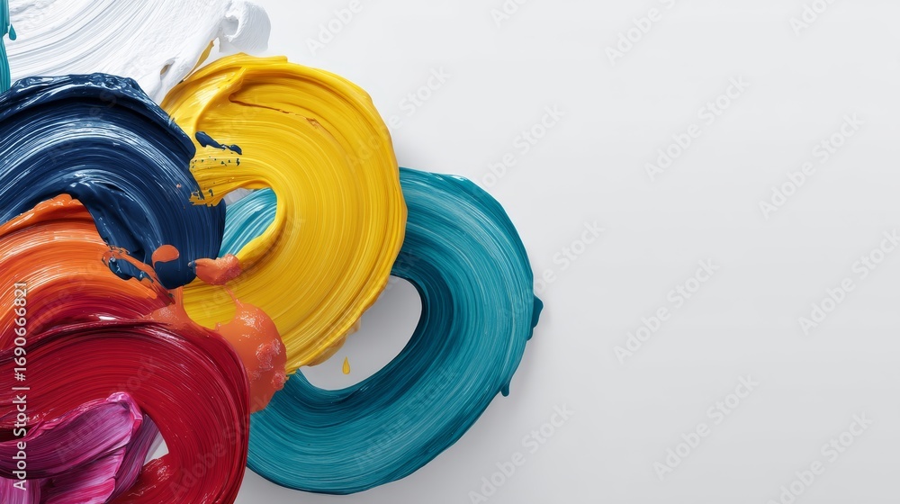 Poster vibrant abstract digital painting featuring fluid rainbow brushstrokes and dynamic swirls with elega