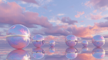 Surreal chrome spheres reflecting neon holographic skies.