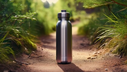 close up of reusable water bottle on dirt path surrounded by greenery
