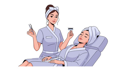 Skilled beautician in uniform and headband applying cosmetic serum with dropper to relaxed woman in robe and towel after facial treatment