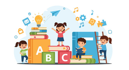 Adobe illustrator artwork vector illustration: Happy children engage in various learning activities around giant books, alphabet blocks, and a ladder, symbolizing education, knowledge