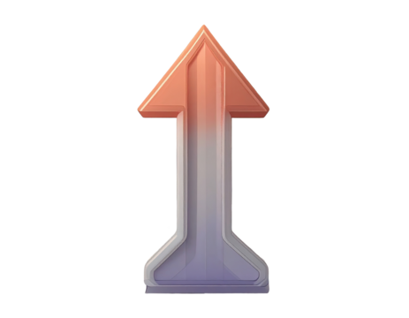 3D rendered upward-pointing arrow with a gradient color transition from peachy-orange at the top to lavender-purple at the bottom.  Geometric, stylized arrowhead - Powered by Adobe