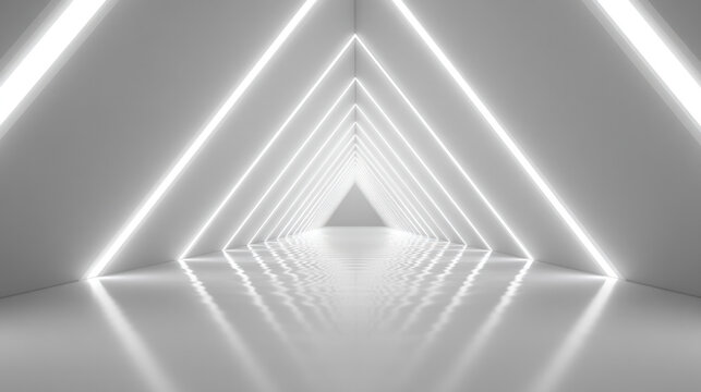 An abstract scene featuring a light tunnel with triangular shapes and reflective elements, showcasing modern and minimalist design.