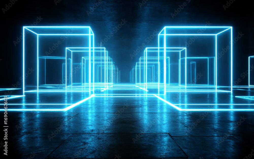Poster Neon-lit futuristic cubes forming a symmetrical pattern in a dark space