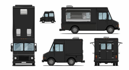 Dynamic black food truck design template for mobile culinary ventures, showcasing various angles suitable for branding and business concepts