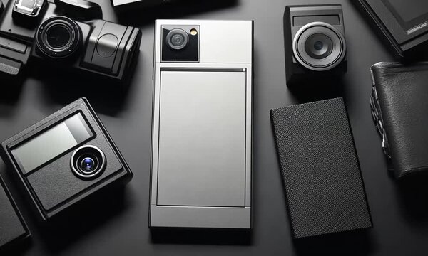 Variety of dark and light-toned, rectangular objects, including cameras and a phone, arranged on a dark surface