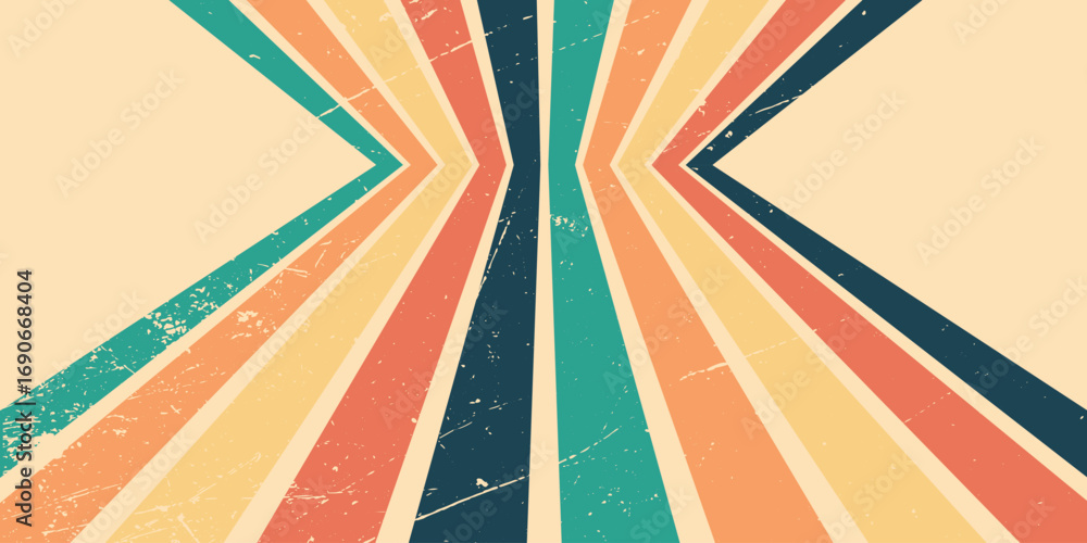 Poster abstract background with rainbow line design and metal scratch effect in retro hippie style. vector 