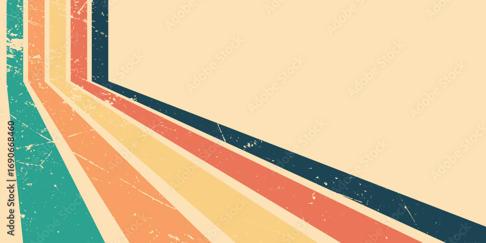Poster abstract background with rainbow line design and metal scratch effect in retro hippie style. vector 
