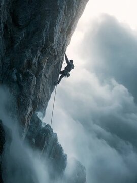 Conquering the Heights: A lone climber scales a sheer cliff face, embodying the spirit of human resilience and ambition amidst a dramatic mountain landscape. 