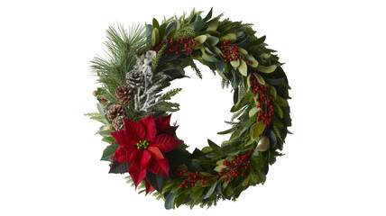 Beautiful christmas wreath with red poinsettia and pinecones isolated on transparent background