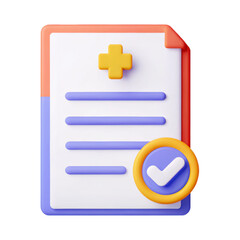 Fototapeta premium Medical document icon with check mark symbol, colorful 3D render of consent form or approval paper for healthcare or legal use
