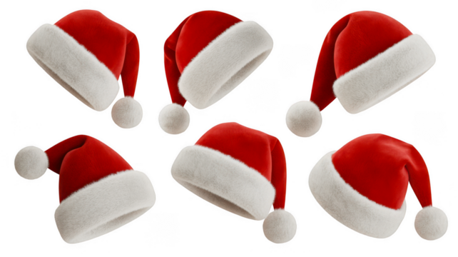 Collection of six classic red and white santa claus hats arranged in a grid pattern isolated on transparent background