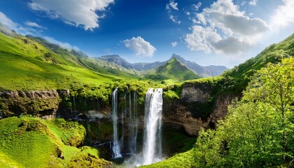 Fototapeta premium serene waterfall cascade surrounded by lush greenery and mountainous landscape beneath a bright blue sky with fluffy white clouds
