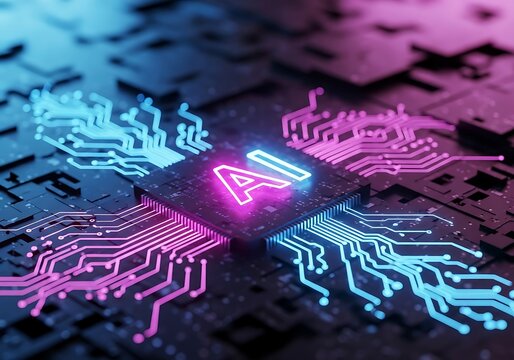 Artificial intelligence chip with glowing ai text and circuits