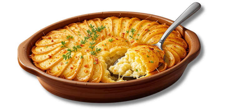 A golden-brown casserole dish filled with a creamy potato dish, garnished with fresh herbs.