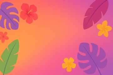 Tropical gradient background with hibiscus flower and palm leaves in paper cut style.