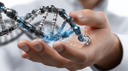 Human hand holds futuristic DNA strand, showcasing blend of technology and biology. DNA appears to be made of metallic and glowing elements