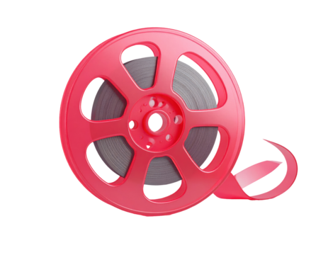 A bright coral-pink film reel with a light gray film strip