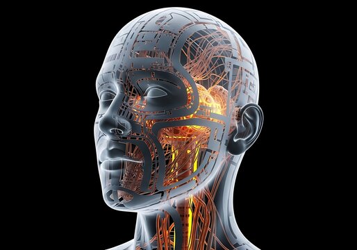 Abstract human head with glowing circuits and data streams