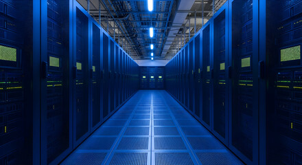 Secure data center with rows of powerful servers humming quietly, providing reliable cloud computing and network infrastructure solutions for businesses globally.