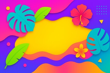 Bright tropical background with yellow-orange gradient, hibiscus flower, and exotic leaves.