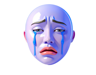 3D render of a sad, light purple face with teardrops