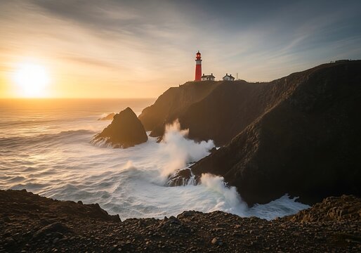 Lighthouse on a rocky coast with crashing waves at sunset