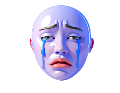 3D render of a sad, light purple face with teardrops