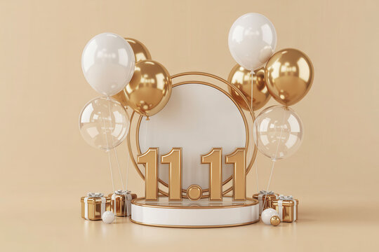 Golden 1111 numbers with podium and balloons for singles day promotion
