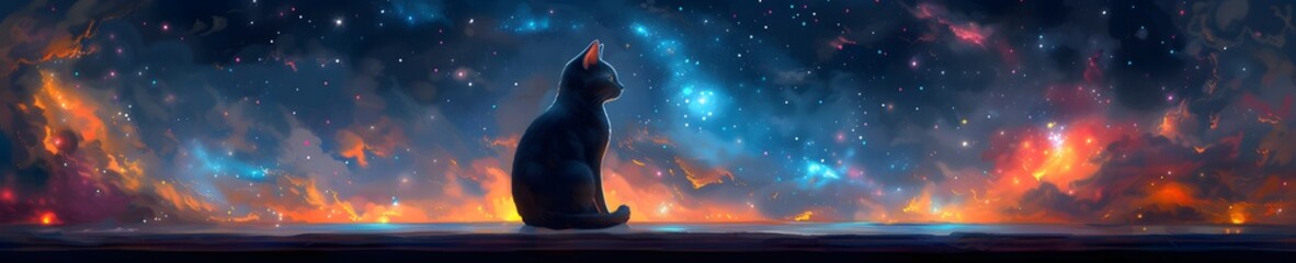 Fototapeta premium A black cat sits on a ledge looking out at a vibrant, colorful sky filled with glittering stars. Space magic vision.