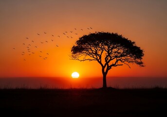 Silhouette of a tree with birds flying at sunset