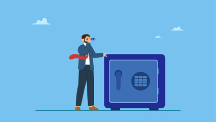 Businessman look through binocular from secured safe. Safe haven, money protection from investment, wait and see economics situation, protect wealth from inflation, financial security.