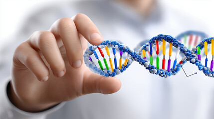 Image depicts person holding DNA double helix model, showcasing vibrant colors representing genetic information. This visual emphasizes complexity
