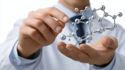 Innovative scientist holding molecular structure, showcasing advanced research in biotechnology and chemistry with focus on DNA