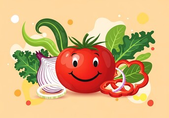 Cartoon tomato with vegetables and light background