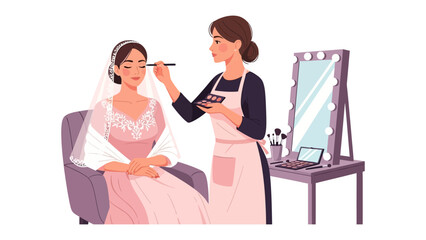 Professional makeup artist applying makeup to a bride in a wedding dress with a large mirror in the background