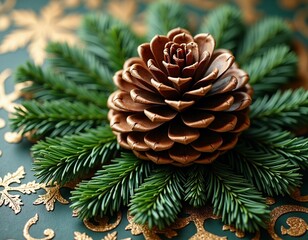 Fototapeta premium Christmas decoration with pine cone and fir branches on festive background. Holiday natural ornament for seasonal design, greeting cards and invitations. 
