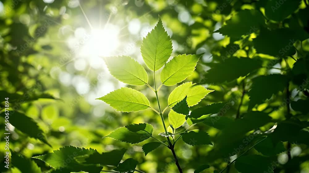 Poster sunlight shining through fresh green leaves on a tree branch in a vibrant spring forest, creating a 