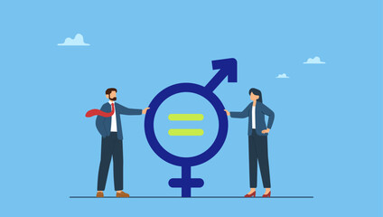 Businessman and businesswoman holding gender equality symbolic. Gender equality, man and woman equal, balance and diversity in workplace, female and male employee having equal opportunity.