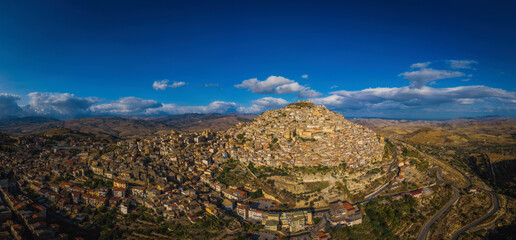 Panoramic view of Agira city in Sicily. August 2024. Aerial drone picture.
