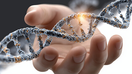 Hand holding DNA strand, showcasing intricate details and glowing elements, symbolizes genetic research and innovation